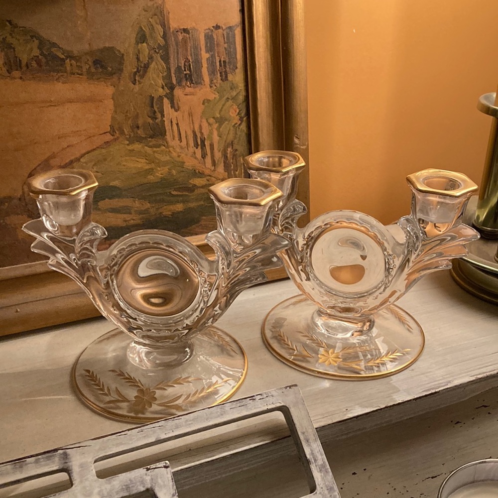 Antique Crystal double candlesticks with gold detail